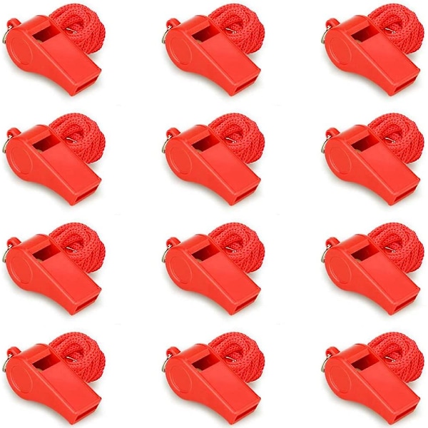 Red Emergency Whistles with Lanyard, Loud Crisp Sound, 12 Packs Plastic Whistle Bulk Ideal for Lifeguard, Self-Defense and Emergency