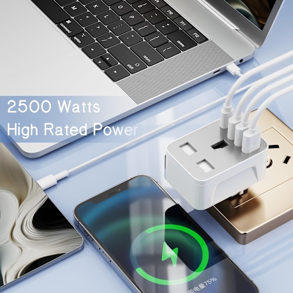 Resepluggadapter, UK till EU-kontakt med 3 USB A- och 1 USB C-portar, 5-i-1 Grå