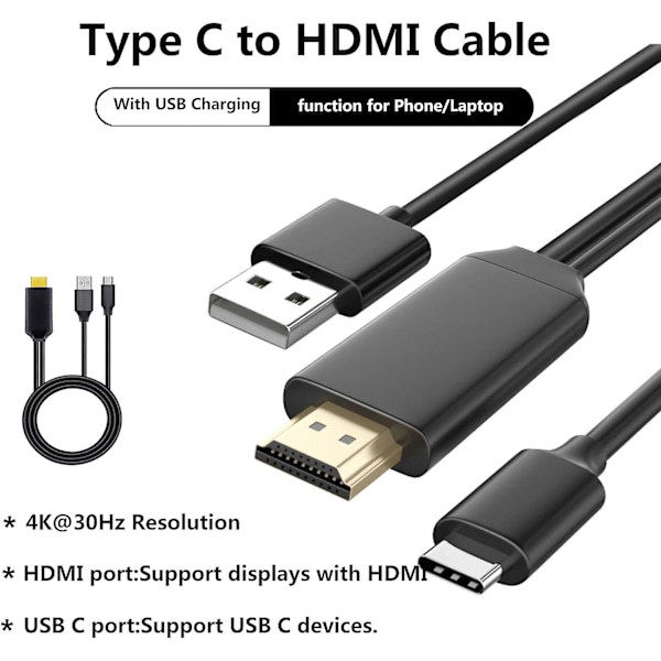USB C till HDMI-adapter (4K@60Hz), C till HDMI-kabel, USB C till HDMI-adapter med laddning