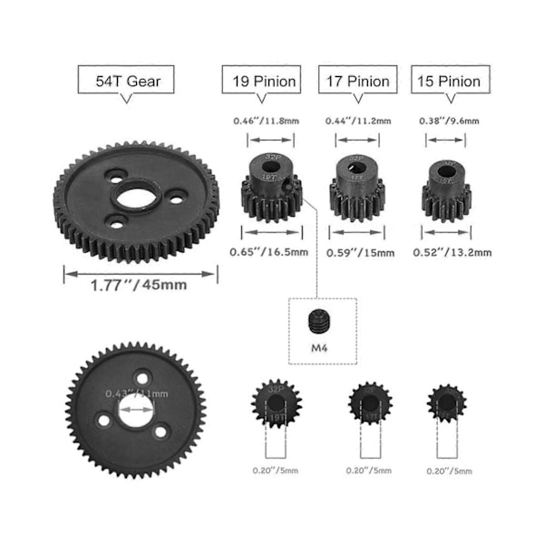 RC Bil 54T 0.8 32 Pitch Spur Gear med 15T/17T/19T Pinions Gear Set (C)