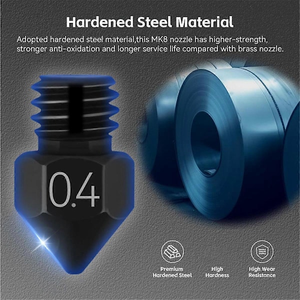 MK8 Härdat Stål Högflödesmunstycksset, 0.4mm 0.6mm 0.8mm med Rengöringsnål Höghastighets 3D-skrivare (C)