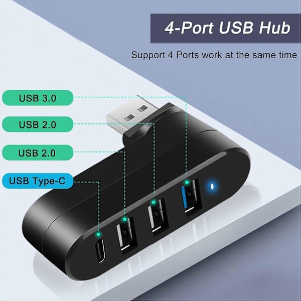 4-Port USB 3.0 Hub 180 Graders Rotationsbar USB-splitter med 3 USB-portar 1 USB C PowerData P (FCC)