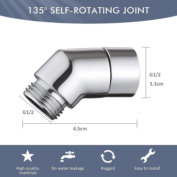 Håndbrusesadapter 135 Grader 1/2\" Albue Tilt Brusespudsadapter Albue til Håndbruser Kobber Albue Bruseslange med Pakning (Sølv)