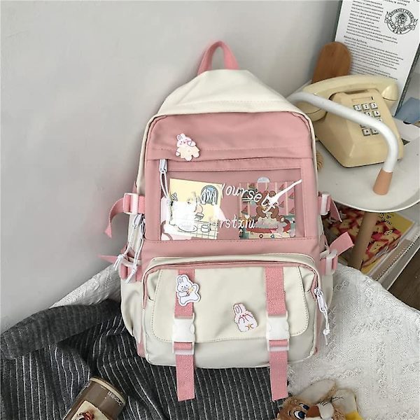 Kawaii Ryggsäck Student Skolväska Stor Kapacitet Verktygsstil Ryggsäck Sömnad Söt Tjej Campus Ryggsäck(rosa)
