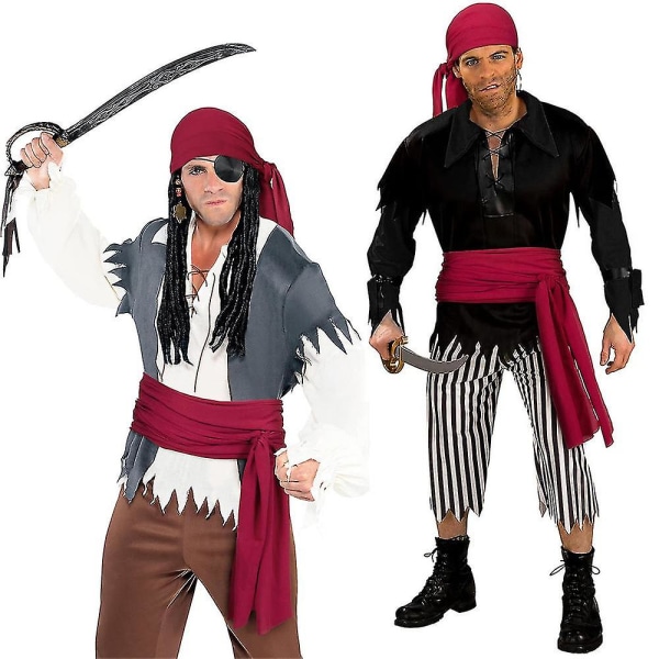 Set Retro Durag Pirathatt med lång svans Stor skärp Medeltida renässanstema Cosplay-klä upp till Halloweenfest[C] Wine Red