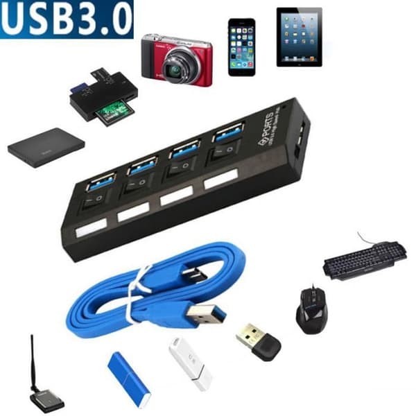 4-ports USB 3.0-hub med strømafbryder, splitter, Plug & Play + strømadapterkabel til pc (EU) GOBRO[YJD]
