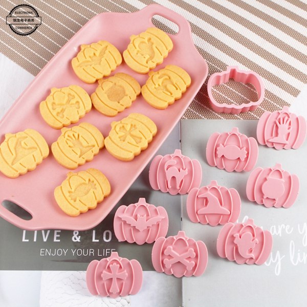 9 st 3D Kakformar Halloween Pumpa Keksform Fondant Bakverk Verktyg Bakformar DIY Handpress Keksstämpel[C]