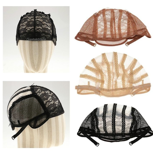 3x Parykk Lag Base Indre Hette Justerbar Pustende Vev Lace Net Svart (C)