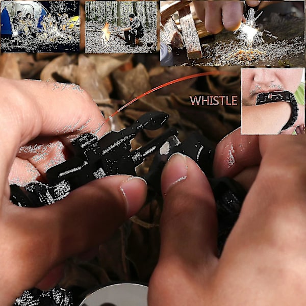 Overlevelsesarmbånd i paracord, for menn og kvinner, med klokke/fløyte/fyrstarter/skrape/kompass og termometer, 6 i 1 multifunksjonelt utendørs -