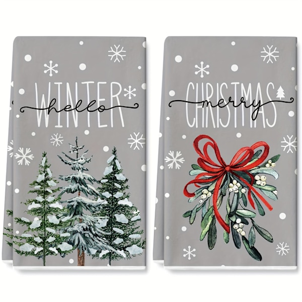 2pcs Ultra Absorbent Christmas Kitchen Towels - Snowflake, Holly & Pine Tree Designs | Soft Polyester Dish Cloths for Cooking & Baking | Machine Washa