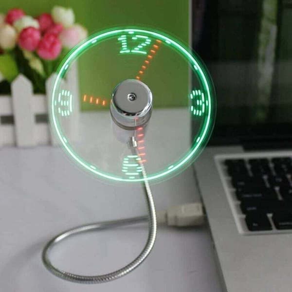 Mini USB-urventilator. Fleksibel svanehals LED-urventilator med tidsvisning via USB.[C]