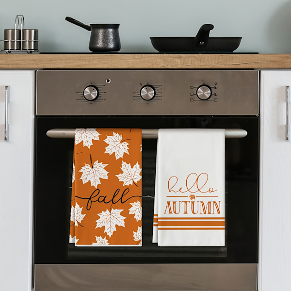 Vintage-inspirerte 2-delers sett med høst-håndklær, Hello Autumn & lønnebladtrykk, supermyk polyesterstrikket stoff, maskinvaskbar, rustikk gårdshus kjøkken