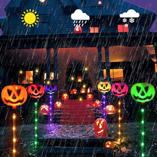 Sett med 6 solcelledrevne gresskarlys, halloweendekorasjoner, fargeendrende lys for å lyse opp gresskardekorasjoner, halloweenfest veranda og uteplassdekorasjoner