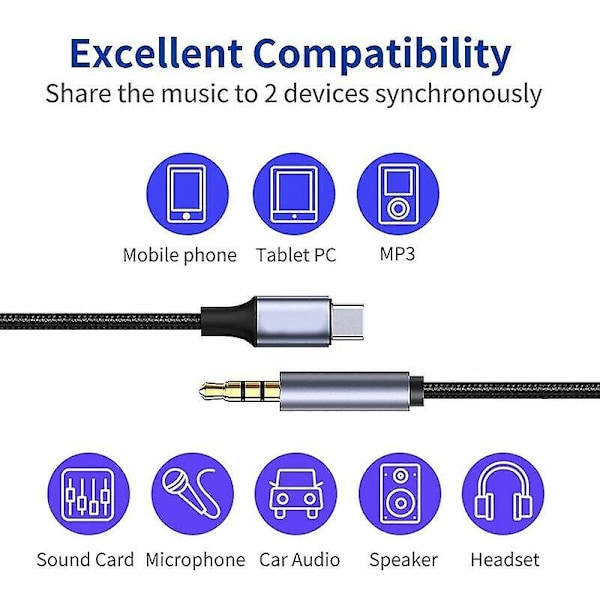 USB-C Aux-kabel, Typ C hane till 3,5 mm hane-adapter, ljudförlängning för bilradio, högtalare, hörlurar Samsung Galaxy S21 S20 Ultra S20+ Plus 5G,