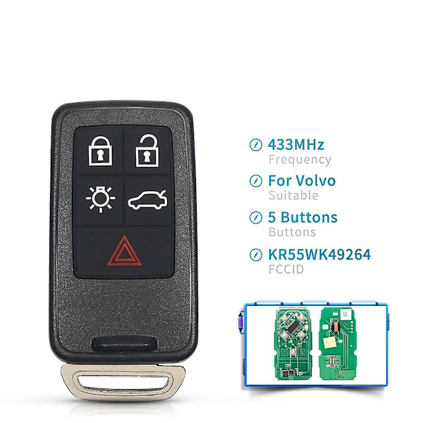 KR55WK49264 Bil Smart Key 5 Knappar för V60 S60 S60L S80 XC60 XC70 V40 2007-2016 ID46 PCF7953 Chip