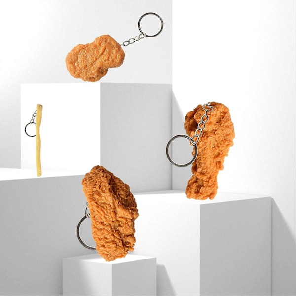4 stk., Imitasjon Mat Nøkkelring Pommes Frites Kyllingnuggets Stekt Kyllinglår Mat Anheng Nøkkelring - - (C)