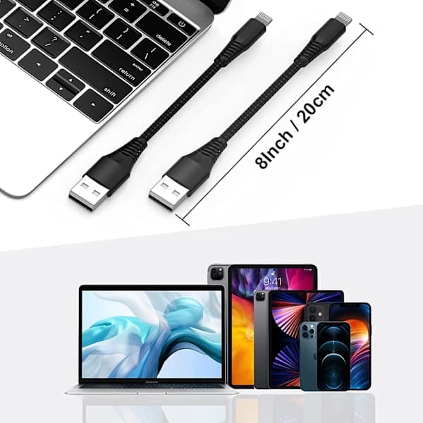 QU-5-pakning kort Lightning-kabel (20 cm). iPhone hurtigladekabel USB
