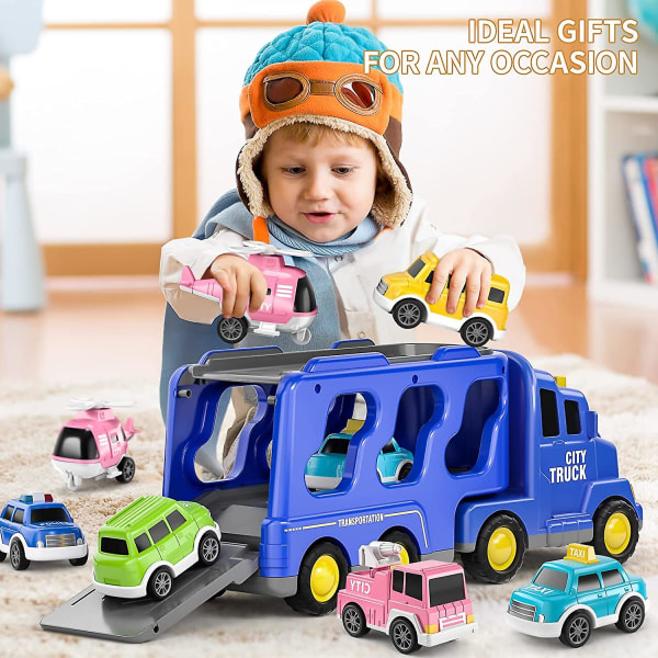 Toddler lastbilsleksaker för 3 4 5 6 7 år gamla pojkar - 7-pack lastbilslastbil Transport Stadsfordon Leksaker, barnleksaker Bil för flickor Pojkar Småbarn Friction Pow 7 Blue City Truck