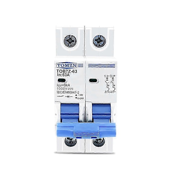 TOMZN 2P DC 1000V Solar Mini Strømbryter DC MCB Strømbryter for PV System, 63A I6(FCC)