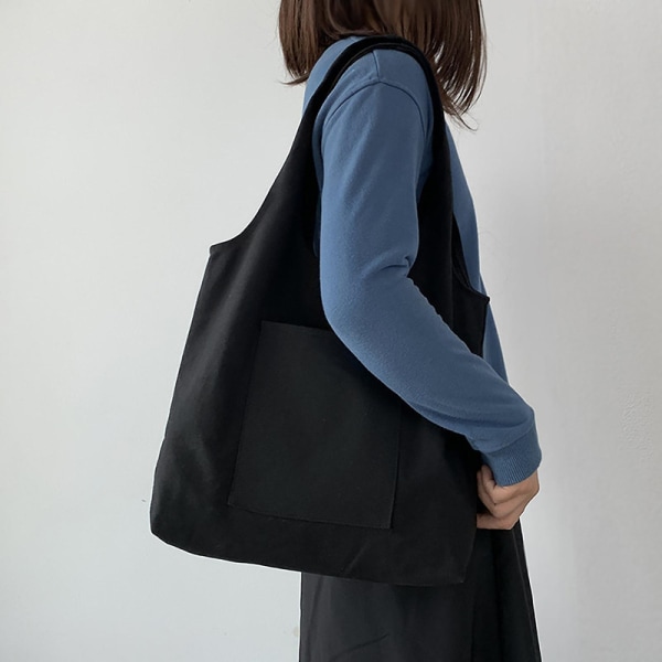 Canvas Taske Heavy Duty Pladsbesparende Ensfarvet Lomme Design Canvas Tote Taske Til Kvinder Black