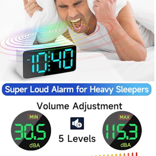 Väckarklocka Extra Hög Väckarklocka, Digital Klocka med 7 Färger Nattljus, Justerbar Volym, Dimmer, USB-laddare, Liten Sovrumsklocka Svart