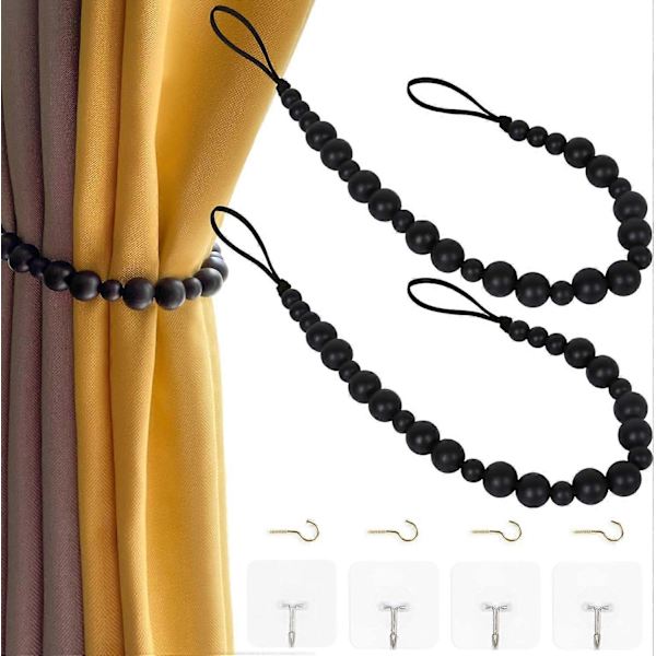 2 stycken träpärl-gardinbandhållare Boho för vägg, gardinband, fönsterbehandling, draperiband med krokar för sovrum, matsal, dekoration (svart, 2)