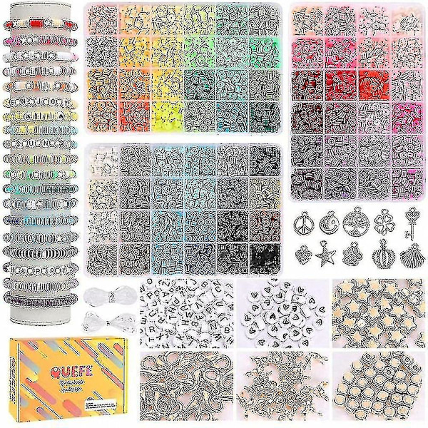 9000 stk Leireperler til Smykkeproduksjonsett, 96 Farger Spacer Heishi Perler Flat Rund Polymer Leireperler med Bokstavperler Smil