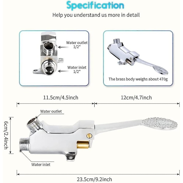 Gulvmontert enkelt messing pedalventil, fotbetjent kran, fotventil for fotpedal kran berøringsfri fotbetjent vannpumpe