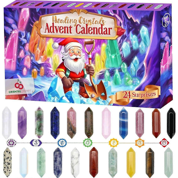 Adventskalendergaver 2024 - 24 Dagers Krystall- og Steinssett med Krystallhalskjedeholder, Lupe og Oppbevaringspose