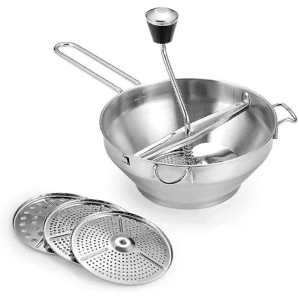 Fødevarekværn i rustfrit stål med 3 slibeskiver og håndtag, holdbar skål roterende fødevarekværn til tomatsauce, æblesauce, puré, moste kartofler, Ja