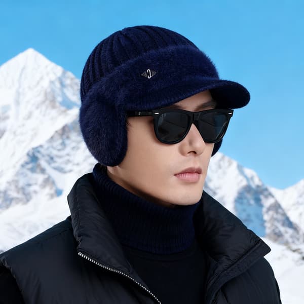 Korean Knit Wool Cap with Brim – Thick, Warm, Windproof Beanie with Optional Neck Warmer B
