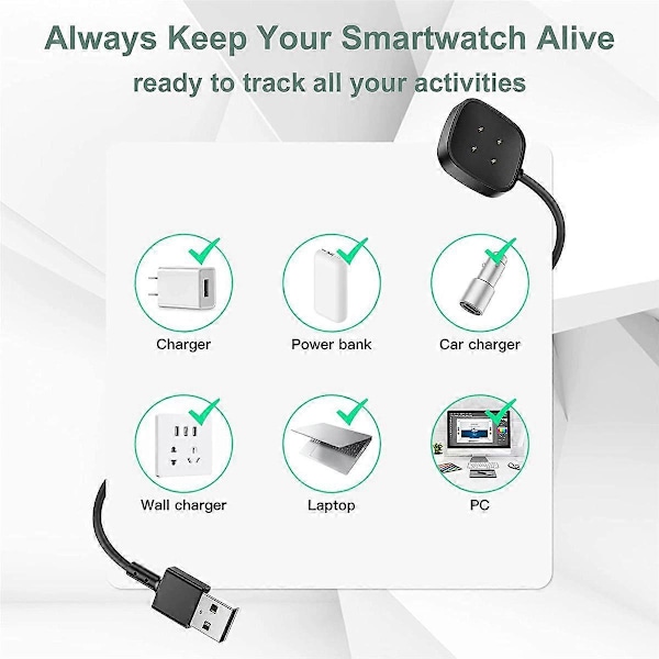 2 ST Ersättningsladdare för --4-Sense-2--3-Sense Kabel USB-kabel Sladd Snabbladdning Smartwatch (C) Black
