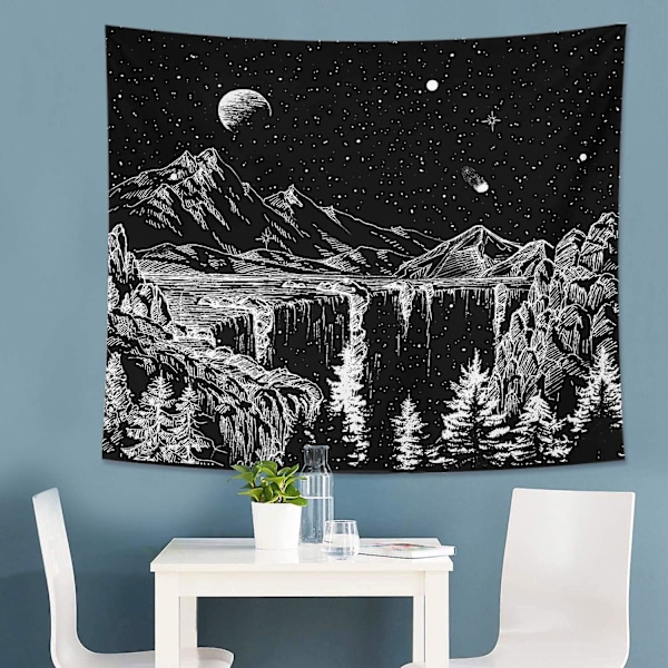 Stjärnhimmel Väggbonad Berg Väggbonad Måne och Stjärnor Väggbonad Svartvit Väggbonad för Sovrum Vardagsrum Sovsal Dekoration 59x51 Tum_SSDLV[C]