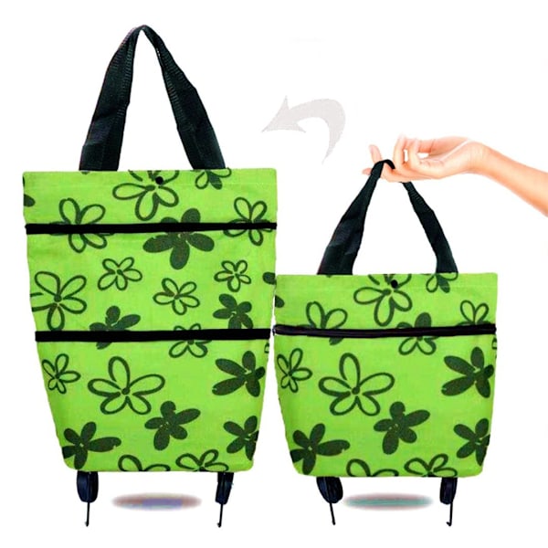 2-i-1 Vikbar Shoppingvagn Sammanfällbar Tvåstegs Dragkedja Vikbar Shoppingväska Med Hjul Green Flower