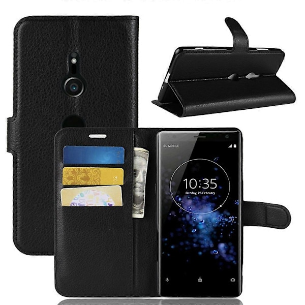 Läderfodral med plånboksdesign och stativ för Sony Xperia XZ3, Litchi-struktur Black