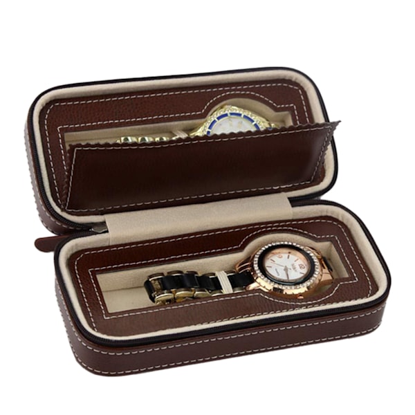 Watch Box Portable Zipper Design Simple Fashionable Watch Storage Oganizer Watch Case Brown 2 Slots[C]