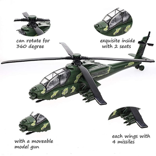 Leksakshelikopter från armén, Die-Cast Militärt Attackplan med Ljus och Ljud, Drag tillbaka fordon för barn pojkar Bonus