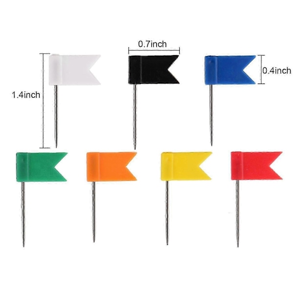100 stk. fargede flagg-trykknåler reisekartnåler markeringsnåler, 7 assorterte farger kartstift plastikkhode med stålspiss (C)