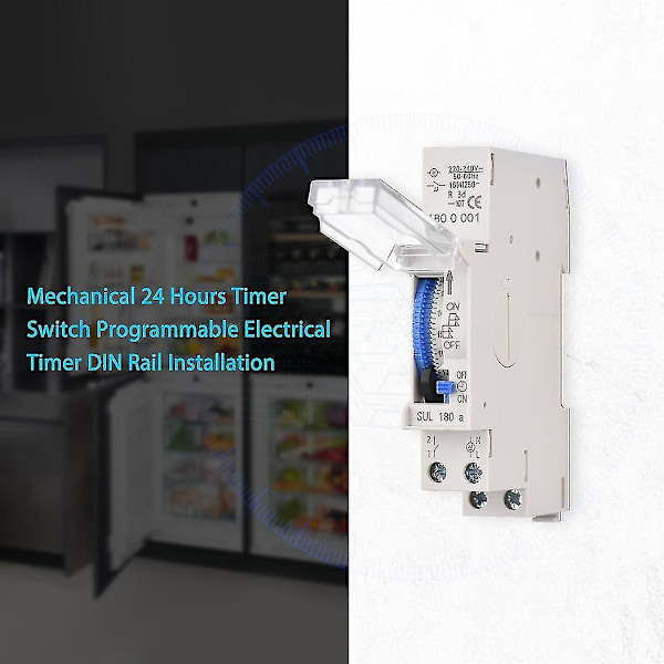 Mekanisk 24-timmars timerbrytare AC 220-240V 15 minuters intervall 96 gånger på/av programmerbar elektrisk timer DIN-skena installation reläbrytare
