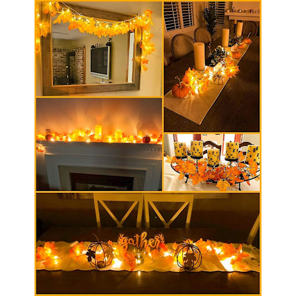 [2pak] Efterårsdekoration til hjemmet Thanksgiving Dekorationer Lyste Efterårsguirlande, I alt 20ft 40 LED, Efterårsdekorationer Thanksgiving Halloween Dekoration Maple Leav