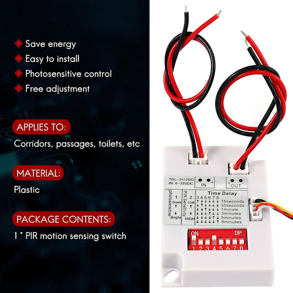 12V 24V PIR Rörelsesensorströmbrytare IR Infraröd Människoinduktion Tidfördröjningsreläströmbrytare Korridor LED L