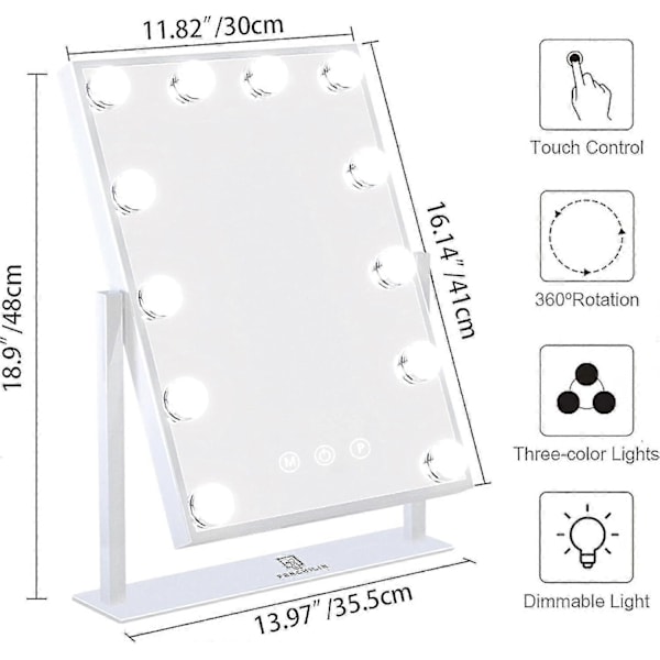 Hollywood-speil med 12 LED-pærer, 3 fargebelysningsmoduser (bare pærer)