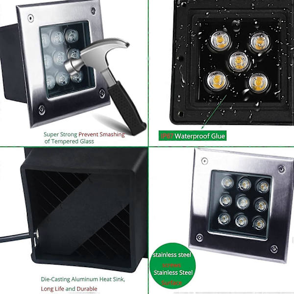 LED Kvadratisk Inbyggd Utomhus Golvlampa Rostfritt Stål Vattentät IP67 Stark Belastningskapacitet LED Golvspotlight För Trädgård, Trappor, Byggnader