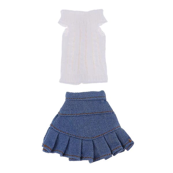 Vit Blå Stickad Topp Denim Kjold Kostym 1/6 Blythe Licca OB Docka