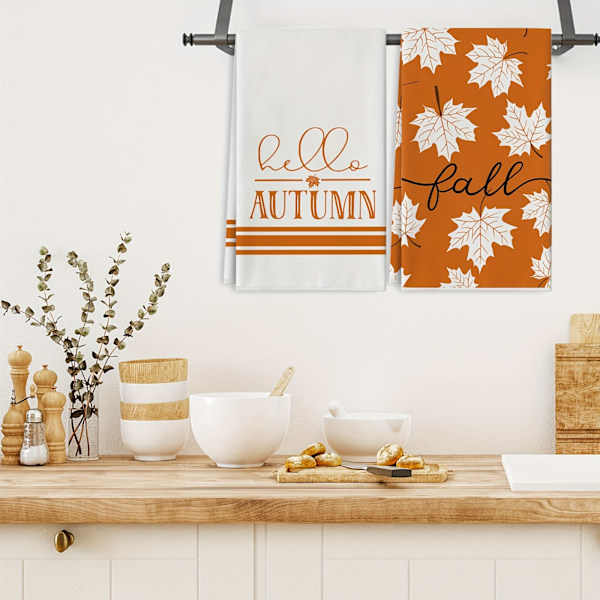Vintage-inspirerte 2-delers sett med høst-håndklær, Hello Autumn & lønnebladtrykk, supermyk polyesterstrikket stoff, maskinvaskbar, rustikk gårdshus kjøkken