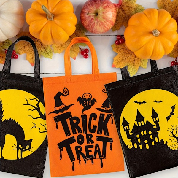 6 Festlige Ikke-Vevde Trick or Treat Tote Gaveposer - Gjenbrukbare, Holdbare og Romslige 12 x 15 Tommers Poser med Håndtak - Perfekt for Halloween-Festgaver