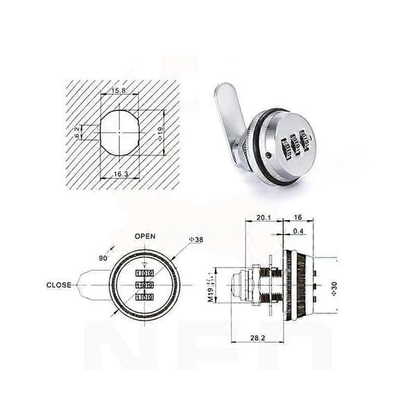 Låskombinasjon 3-sifret 20mm/30mm Postkasselås