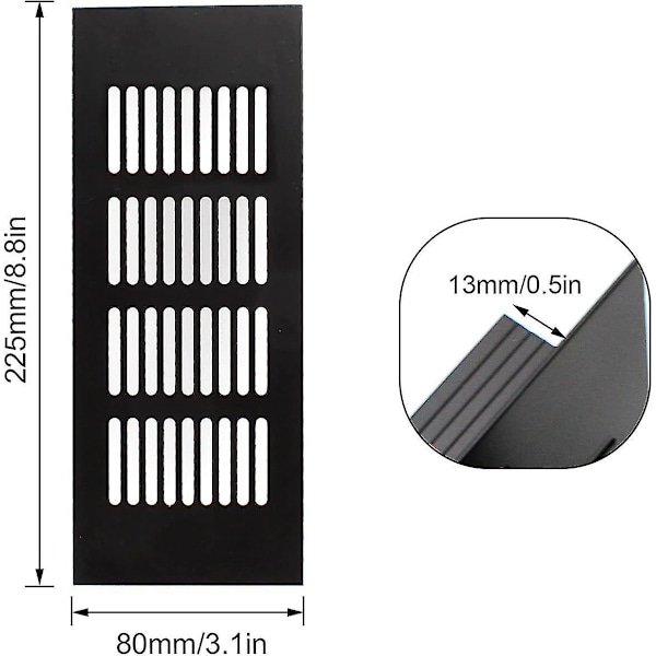 2 stycken ventilationsgaller, lång 225mm avluftningsgaller, svart aluminium väggventilskydd, kan användas för skåp och möbelventilation