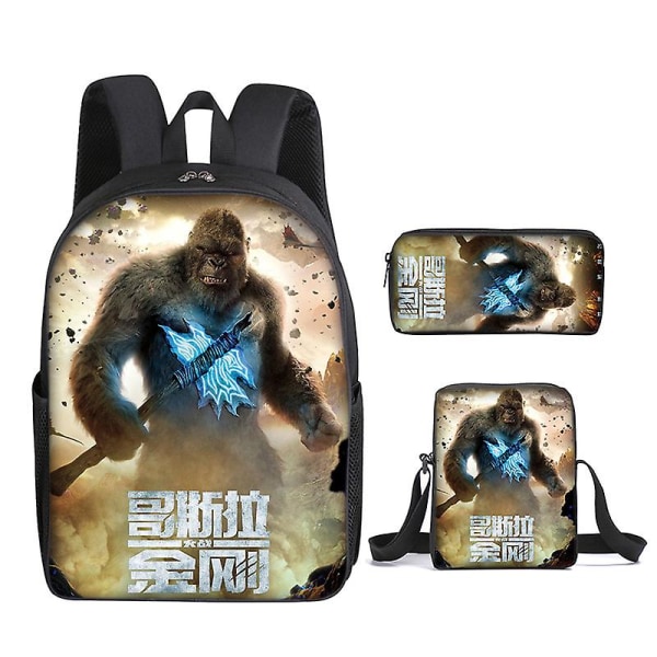 3-pack Godzilla Vs Kong Ryggsäck Tryckt Skolväska med Pennfodral Messenger Bag Style 5