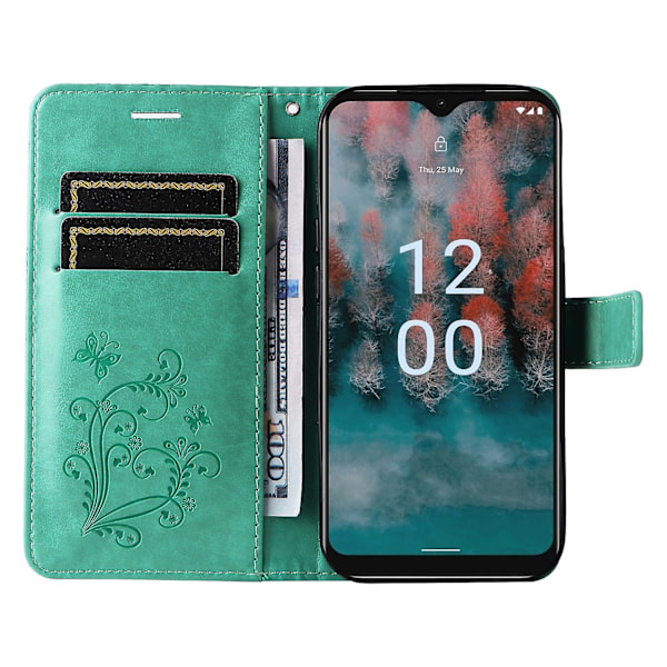 Lærtelefonveske for Nokia C12 4G/C12 Plus/C12 Pro, Stativlommebok med trykt design Green Style A Nokia C12 4G